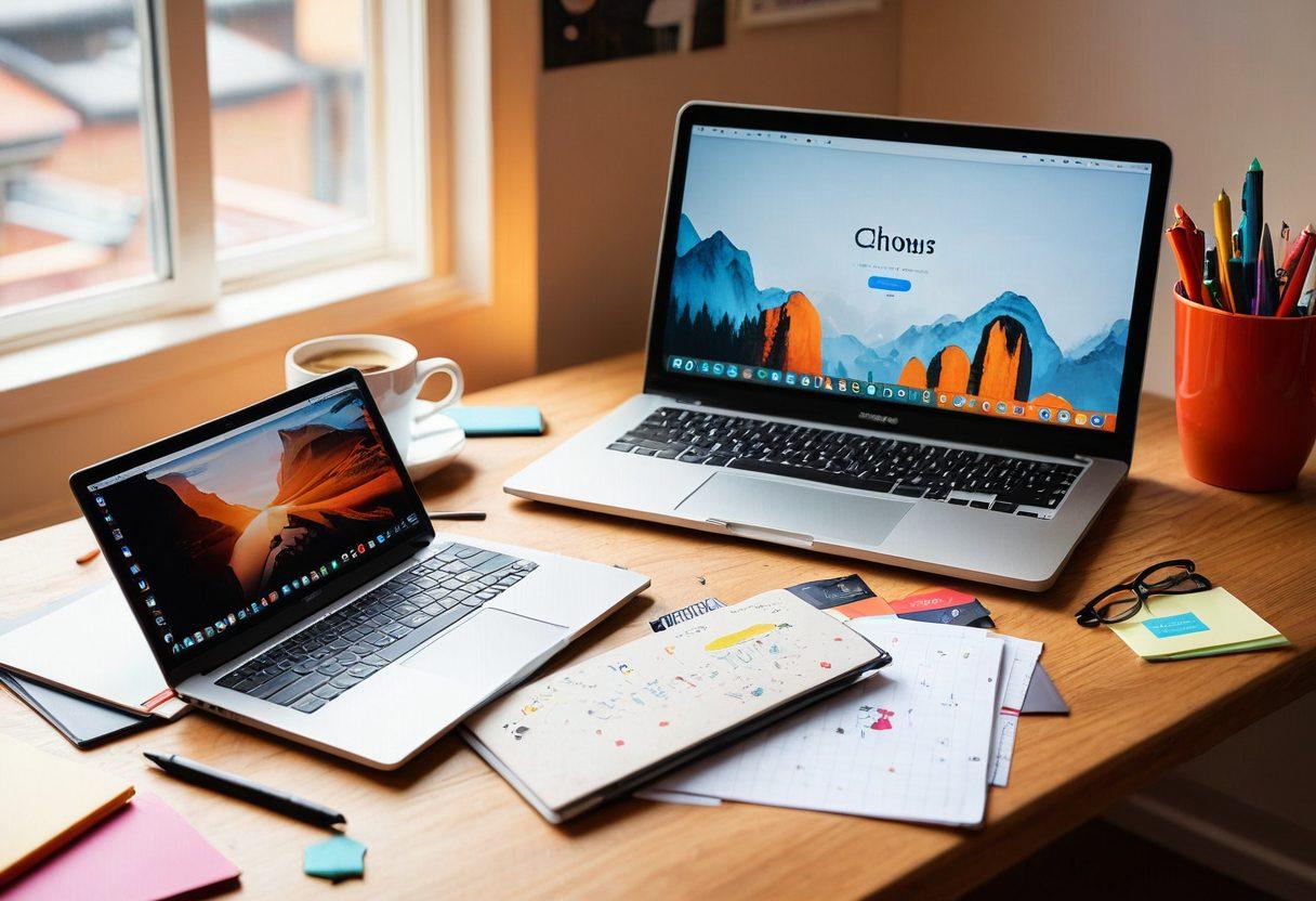 A creative workspace featuring a cozy desk with a laptop displaying a vibrant blog interface, surrounded by notepads and colorful stationery. In the background, a corkboard is pinned with ideas, blog metrics, and SEO strategies, illuminated by warm lighting to evoke inspiration. A cup of coffee sits beside the laptop, representing the passion for blogging. Super-realistic, vibrant colors.