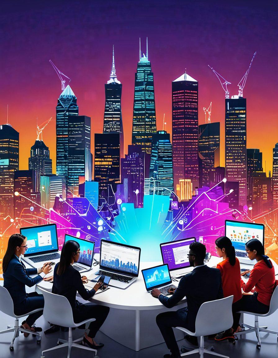 A digital landscape showcasing a diverse group of people collaborating around laptops and tablets, symbolizing community growth and successful digital marketing. Include elements like growth charts, social media icons, and a vibrant city skyline in the background. The atmosphere is energetic and inspiring, emphasizing teamwork and creativity. super-realistic. vibrant colors. 3D.