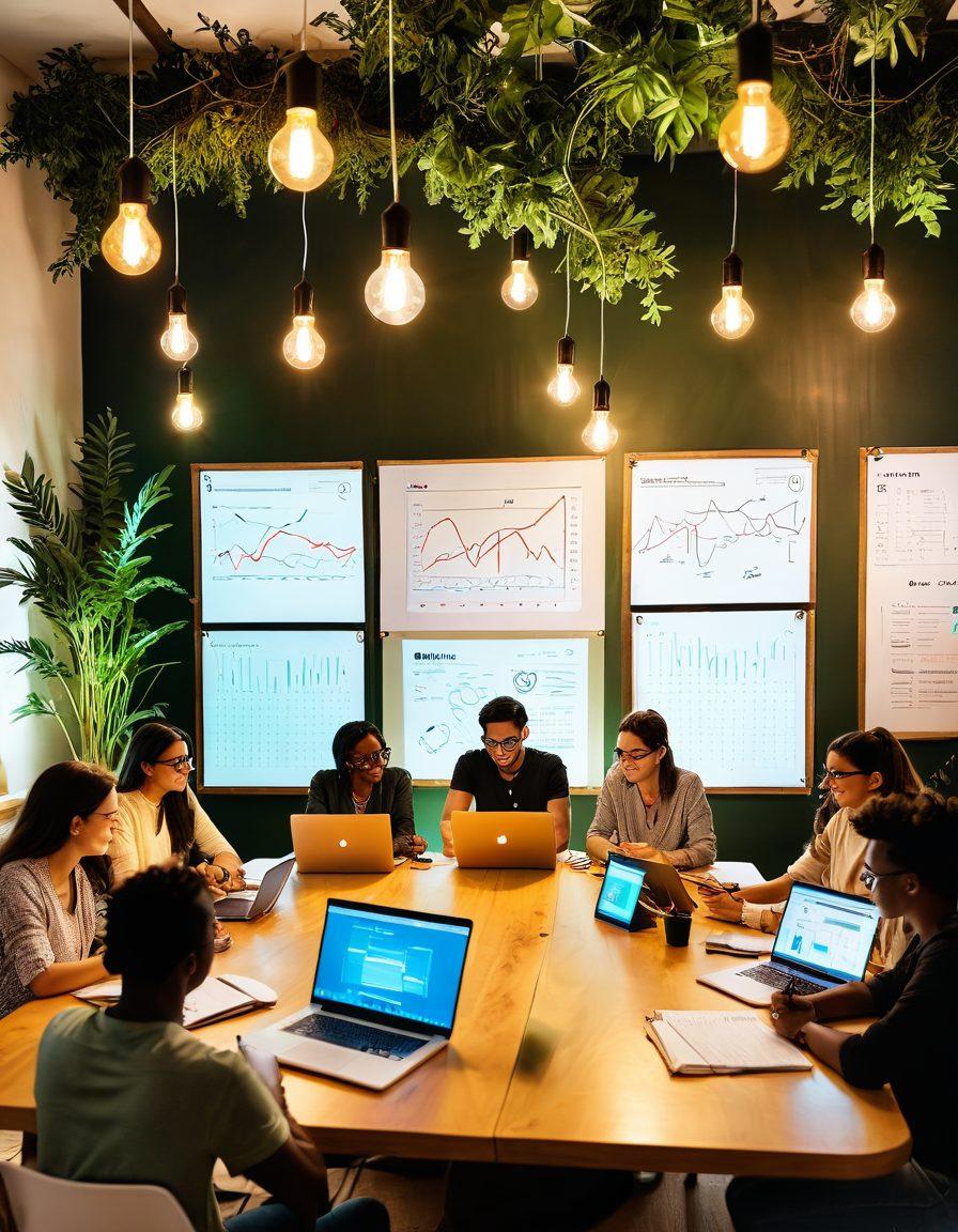 A dynamic scene illustrating a diverse group of bloggers collaborating at a round table, equipped with laptops and notebooks, with vibrant light bulbs symbolizing ideas overhead. Surrounding them are visual elements like charts, thumbs up icons, and digital community symbols to represent engagement. The background features lush greenery to signify growth and connection in the online world. super-realistic. vibrant colors. soft focus.